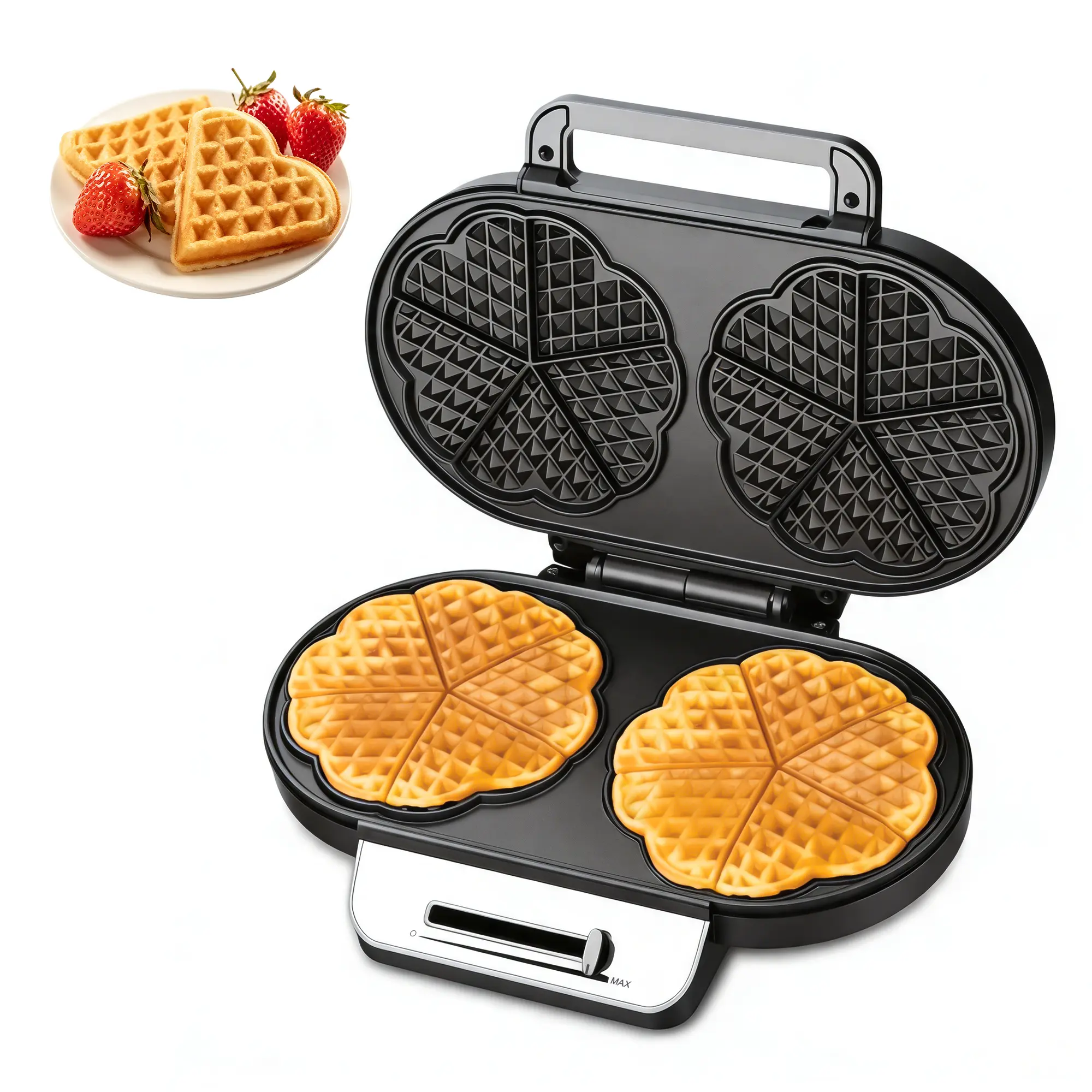 WELSTEEPSE Lightweight Electric Heart-Shaped Double Waffle Maker (Waffle Irons), 1200W Stainless Steel Black Compact Model with Adjustable Buttons, Nonstick Plates, Easy Cleaning for Breakfast, Afternoon Tea Snacks, Family Gatherings (Apartment/Dorm Use)