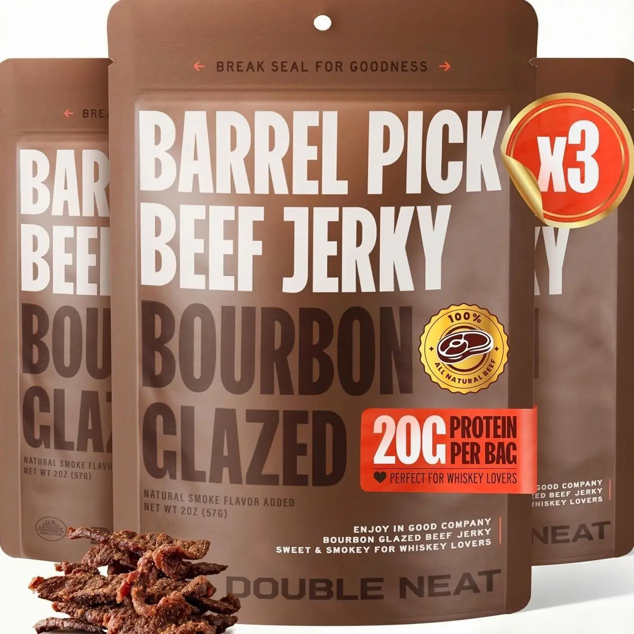 Double Neat Barrel Pick Bourbon Glazed Beef Jerky – Gluten Free – Whiskey Infused, Sweet and Smokey, High Protein, Healthy Snacks – Low Sodium – Gourmet Beef Jerky Gifts for Men – 2 Ounces Each, Pack of 3