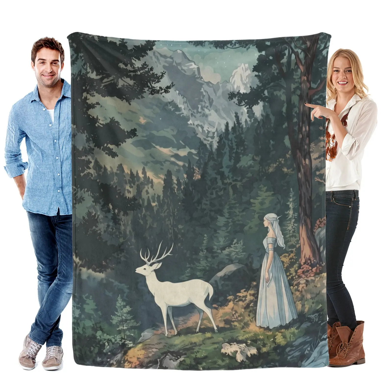 Enchanted Forest Elf White Deer Oil Painting Blanket  Mountain Forest Flannel Throw Blanket Magical Woodland Elf & Stag Cozy Blanket For Bedroom Dark Green Retro Forest Landscape All Season Sofa Throw Whimsical Fairy Tale Forest Art Warm Bed Blanket