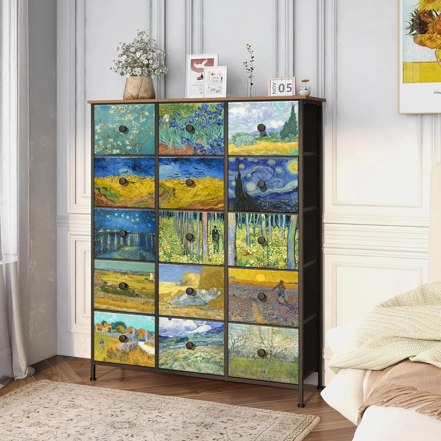 Large Chest of Drawers 15 Drawer Dresser Van Gogh Tall Fabric Dresser for Bedroom Living Room Entryway Closet with Sturdy Metal Frame and Wooden Top