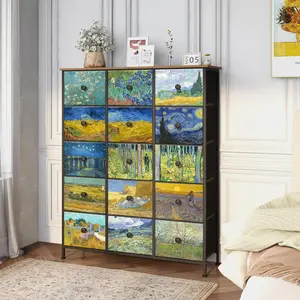 Large Chest of Drawers 15 Drawer Dresser Van Gogh Tall Fabric Dresser for Bedroom Living Room Entryway Closet with Sturdy Metal Frame and Wooden Top