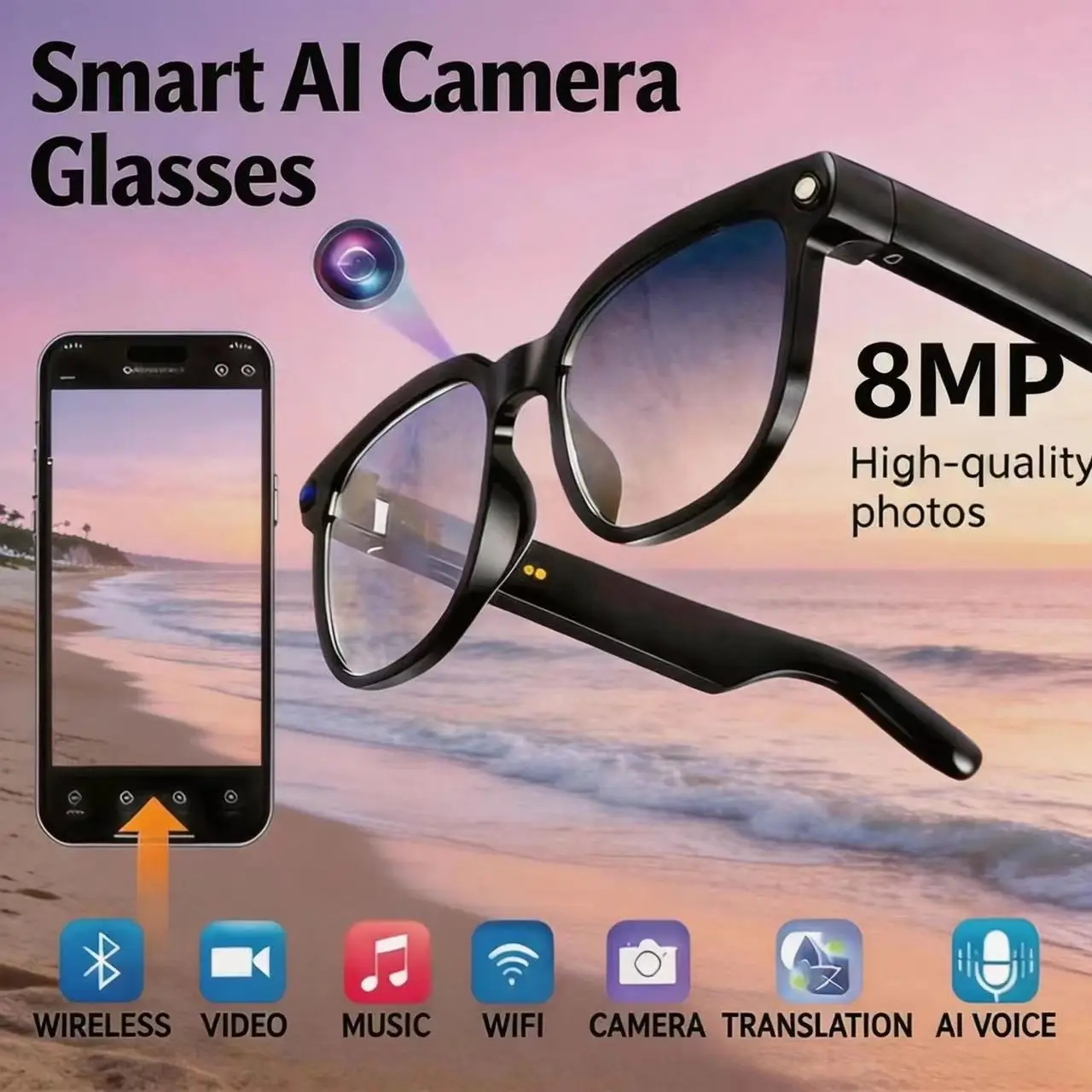 Smart Ai Camera Glasses with 8mp Color-Changing Lens, Touch Control, Travel & Outdoor Use, Real-Time Translation, Bluetooth-compatible, UV Protection, Video Camera Glasses