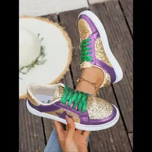 Shiny Sequins Casual Shoes, Material, Laces & Star Design, Comfortable Walking, Perfect for Parties Footwear Trainer