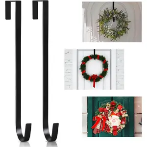 2 Pack 14' Wreath Hangers for Front Door, Wreath Hanger 40lb Load-Bearing, Metal Wreath Hanger for Welcome Sign, Door Decorations (Black)