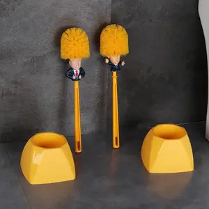 Plastic Toilet Brush Set with Long Yellow Pole, Fun Household Bathroom Cleaning Tool