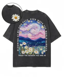 Men's Cotton Crew Neck Short-Sleeve Tshirt - Vintage, Double-Sided Washed, Distressed Menswear Top with "Blooming At My Own Pace Even When The World Hurries" Print for Casual Everyday Wear
