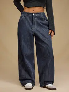 Plus Size Vertical Stripe Wide Leg Jeans Pants, High Waist Loose Fit Casual Denim Jeans, All Seasons Colorblock Design