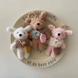Cute Hand‑Crochet Puppy Plush Keychain Set, 3‑Styles White‑Brown‑Pink Curly‑Yarn Dog Bag Charms, Kawaii Pearl‑Decor Animal Pendants