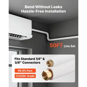 summervibes VEVOR 50ft Mini Split Line Set, 1/4 3/8 OD AC Copper Tubing Pipe, 3/8 White PE Thickened Insulated Coil with Flared Nuts, Rich Fittings, for Mini Split Air Conditioner HVAC or Heat Pump System, Copper Pipe
