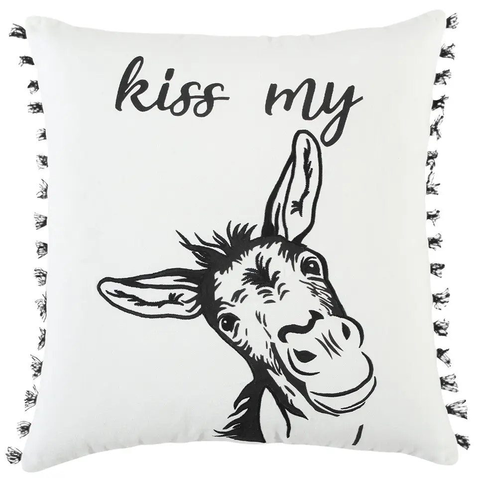 360 stand Square Cotton Fabric Donkey Print Throw Pillow, Black & White, Embroidered Accents, Whimsical Humorous Design, Soft Cushions, Comfy Cushions, Decorative Cushion