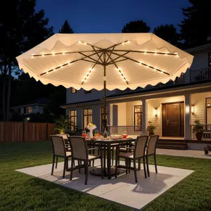 CAODOC 10FT Patio Umbrella with Solar LED Lights, Aesthetic Outdoor Market Umbrella with Soft Glow Lighting & Elegant Canopy Design, Waterproof UV Shade for Backyard Pool Garden