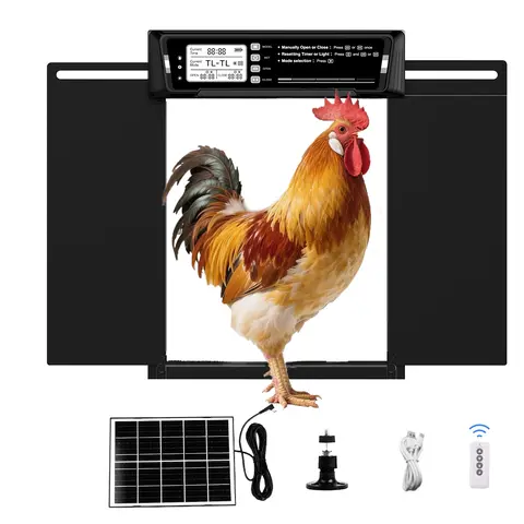 Solar Automatic Chicken Coop Door Accessory - 11.2in x 8.7in Dual-Swing Aluminum Gate for Poultry, 7w/5v Solar Panel, 5000mAh Batteries, Remote, LCD, 4 Auto Modes, Light Sensor, Timer, USB-C Cable, IPX4 Weatherproof, Antipinch Stop, Year-Round Use