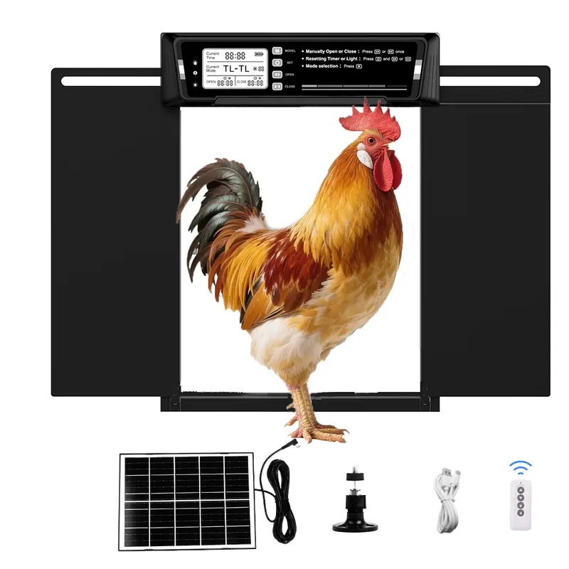 Solar Automatic Chicken Coop Door Accessory - 11.2in x 8.7in Dual-Swing Aluminum Gate for Poultry, 7w/5v Solar Panel, 5000mAh Batteries, Remote, LCD, 4 Auto Modes, Light Sensor, Timer, USB-C Cable, IPX4 Weatherproof, Antipinch Stop, Year-Round Use
