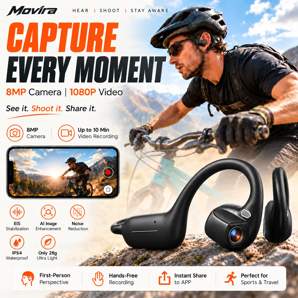 Smart Wireless Audio Headphones with 8MP EIS Stabilized Camera, 160+ Languages Instant Translation, Touch & Button Control, IP54 Waterproof Sport Headsets for Outdoor Cycling Vlog Recording, Movira Outdoor Gadgets Guys Gifts