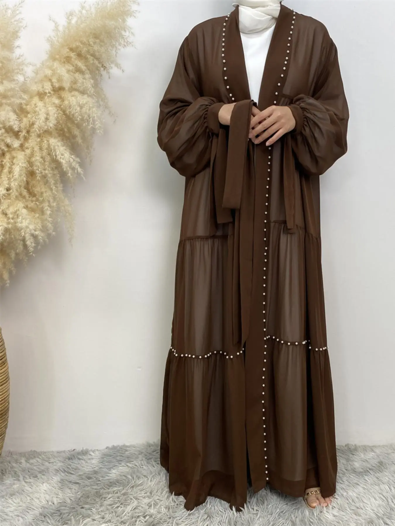 Women's Beads Decor Open Front Abaya, Modest Long Sleeve Maxi Muslim Dress for Party Daily Wear, Women's Islamic Clothing for All Seasons