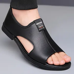 [Summer Slip-On Sandals] Black Lightweight Men's Slip-On Sandals - Summer Casual Breathable Non-Slip Beach Shoes, Comfortable Open Toe Design, Synthetic Upper with Rubber Sole