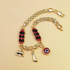 Boho Red & Black Beaded Elephant Charm Bracelet, Gold Plated Copper Evil Eye Symbol & Elephant Pendant, Perfect for Parties, Music Festivals & Year-Round Wear, Ideal Bohemian Gift for Her