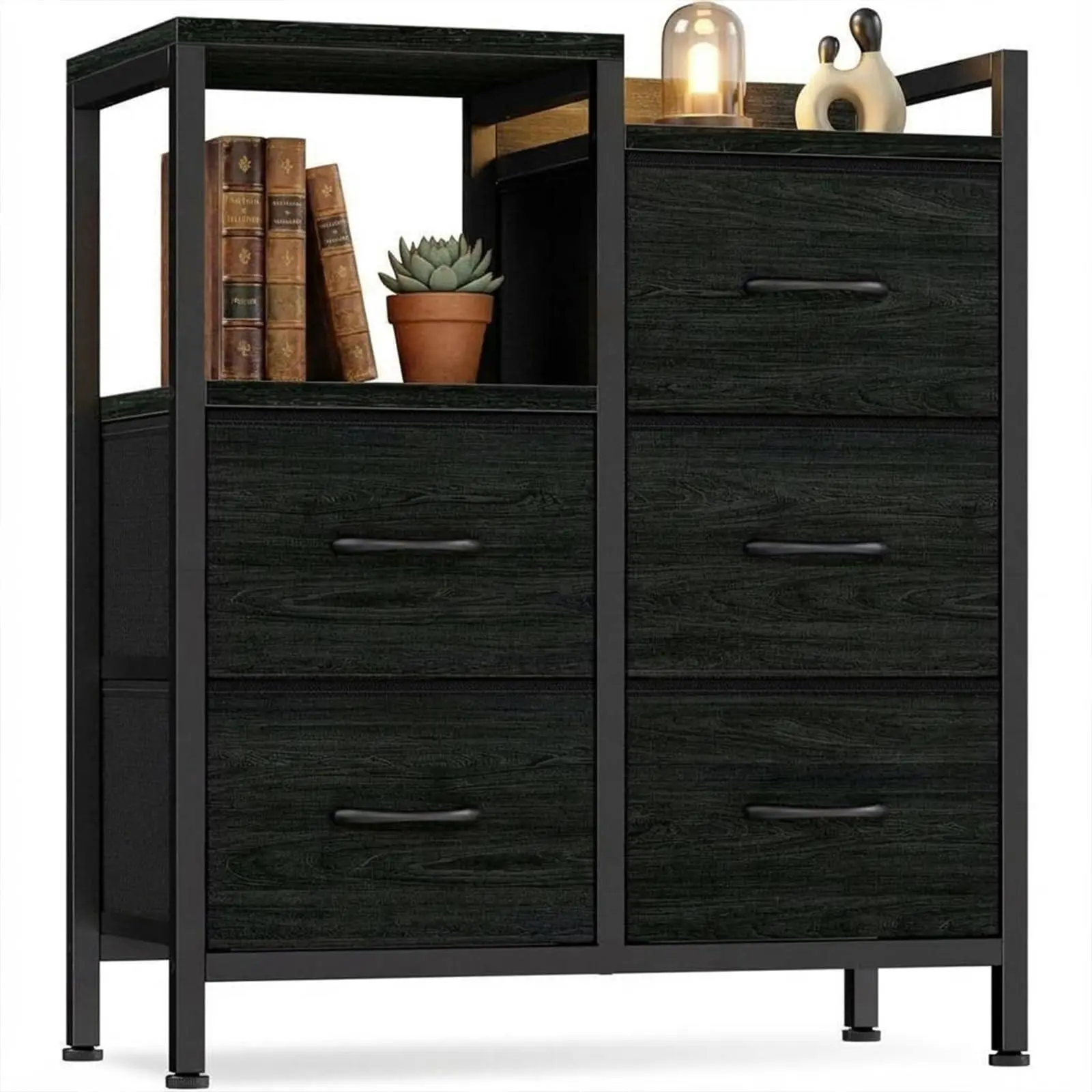 Black Fabric Mobile Filing Cabinet - 5 Drawers, Open Storage Compartment, Rolling Printer Stand, Storage Organization Solution for Home Office, Fits A4 & Letter Paper