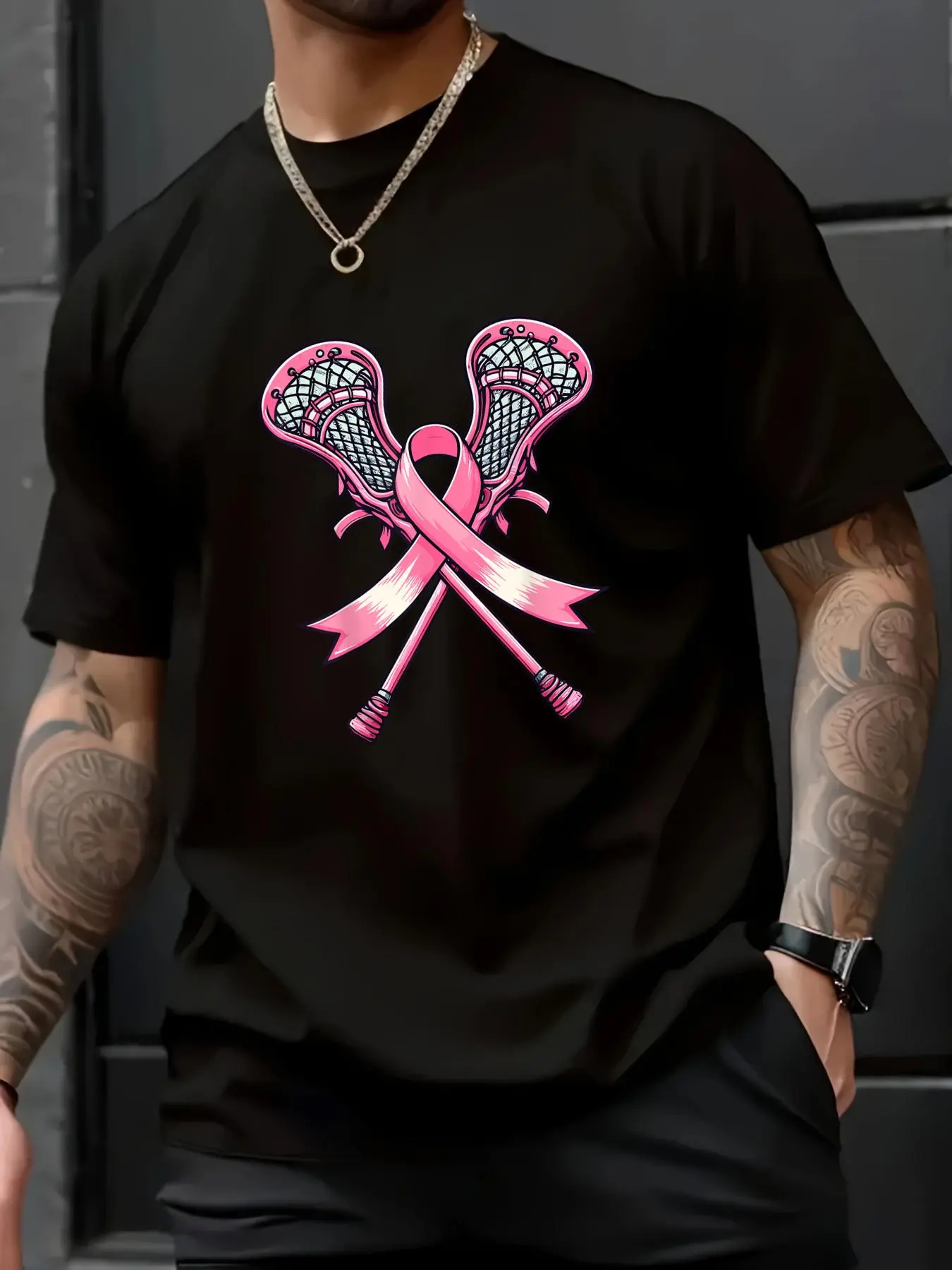 Unisex Lacrosse Game Day T-Shirt with Pink Ribbon Awareness Print, Casual Loose Fit Short Sleeve 100% Cotton Sports Apparel, Tops, Shortsleeve, Menswear, Stylish