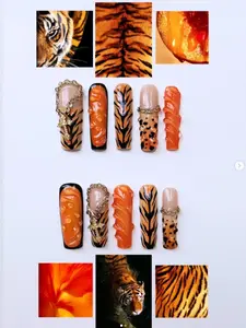 Tiger Nails, 3D Gold Dragon Charms, Orange Flame Nails, Tiger Stripe Patterns, Animal Print Nails, Bold Wild Jungle Theme, Fierce Safari Press On Set