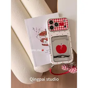 Mirror Red Apple Card Holder Phone Case with Lanyard for iPhone 17 Pro Max 16 Pro 15 14, Large Window Leather Girly Full Protection Hard Cover