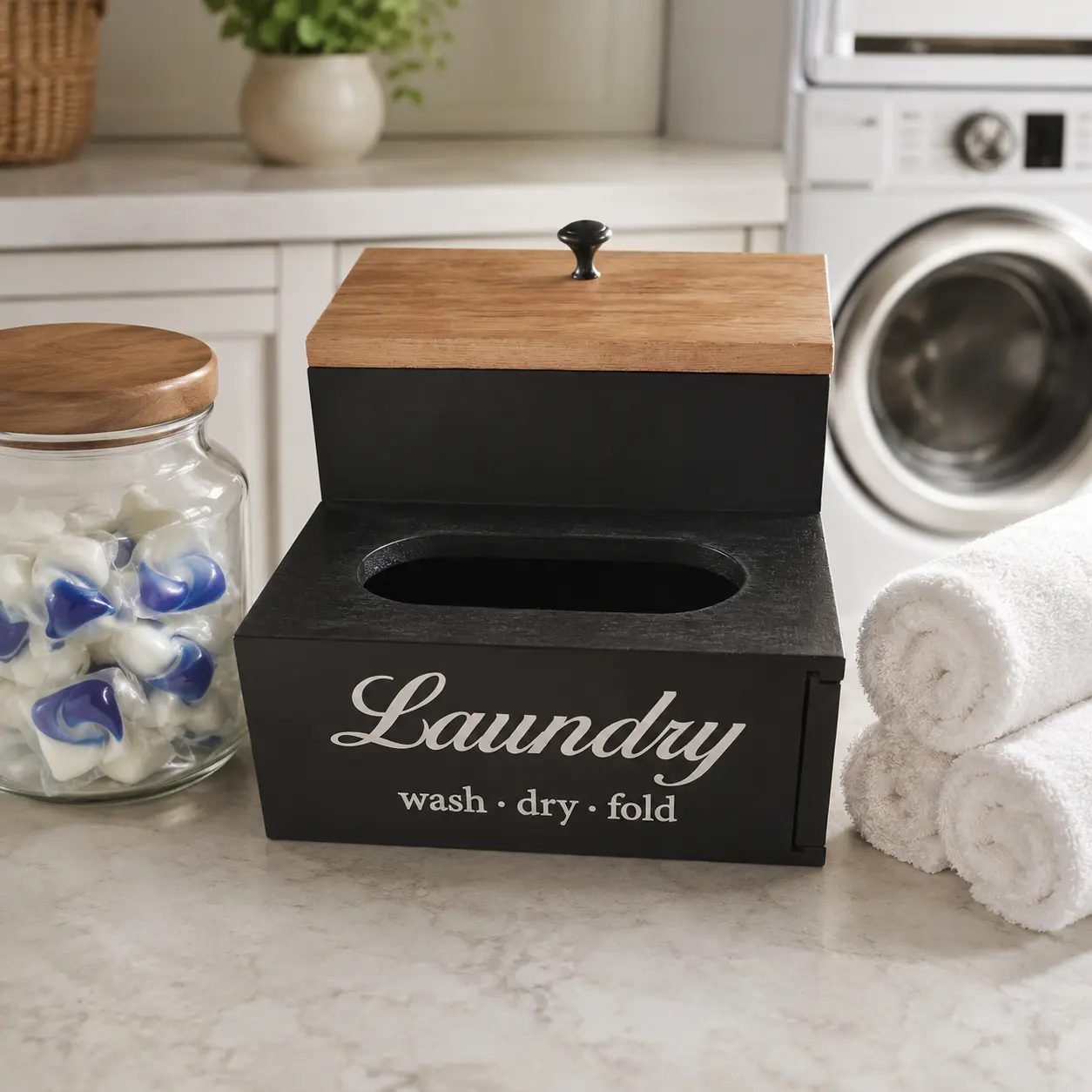 Magnetic Lint Bin and Dryer Sheet Holder Set for Laundry Room, Farmhouse Wooden Lint Trash Can with Lid and Dryer Sheet Dispenser Box Magnetic for Mounting,Stylish Laundry Room Organization
