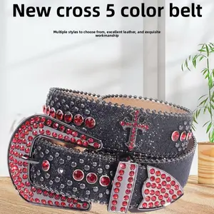 Western Cowboy PU Belt - Unisex Rhinestone Cross Street Fashion New Style Denim Belt