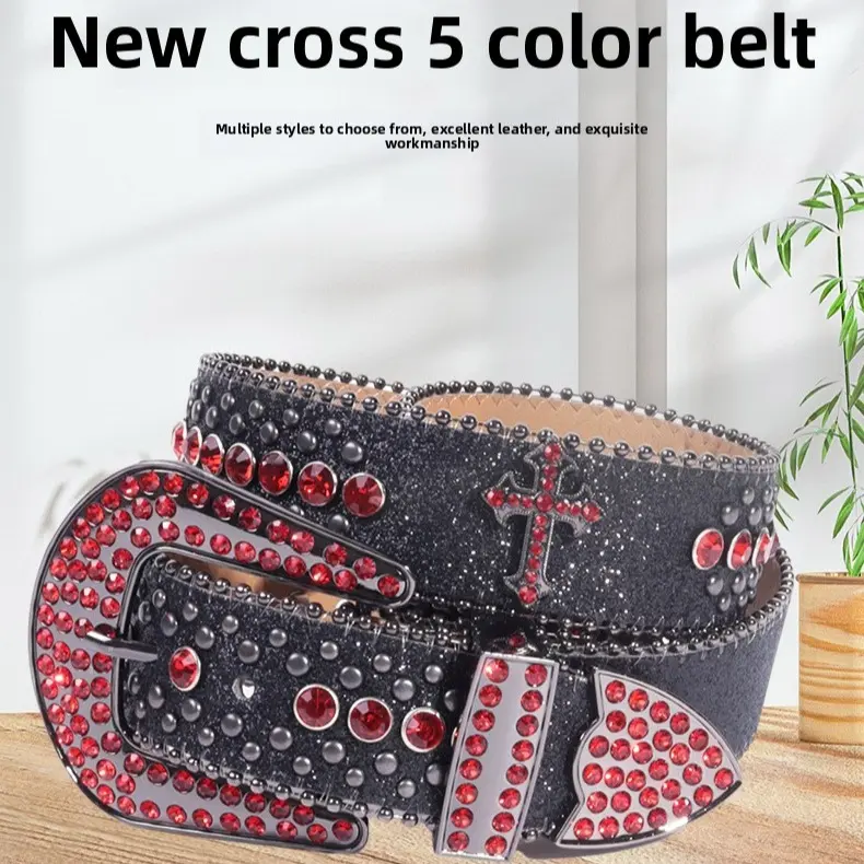 Unisex Western Cowboy Belt, PU Leather Rhinestone Studded Cross Statement Belt for Jeans, Diamond Belt, Rhinestone Studded Belt