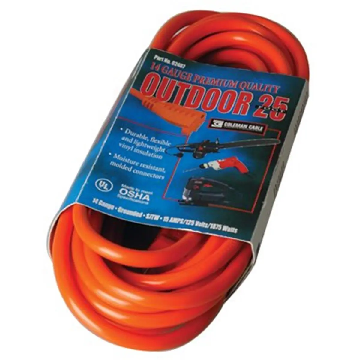 Coleman Cable 25 ft Heavy-Duty Outdoor Extension Cord, 14/3 Gauge SJTW, 15A 125.00 vac, Water Resistant, -40°F [Min] to 140°F [Max], Weather Resistant, Orange, -40 Degrees F [Min], 140 Degrees F [Max]