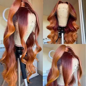 Red Orange Ombre Lace Front Wig Human Hair Ginger Red Highlight 13x4 Body Wave Pre Plucked Brazilian Remy 180% Density Unisex Wig for Women Natural Look