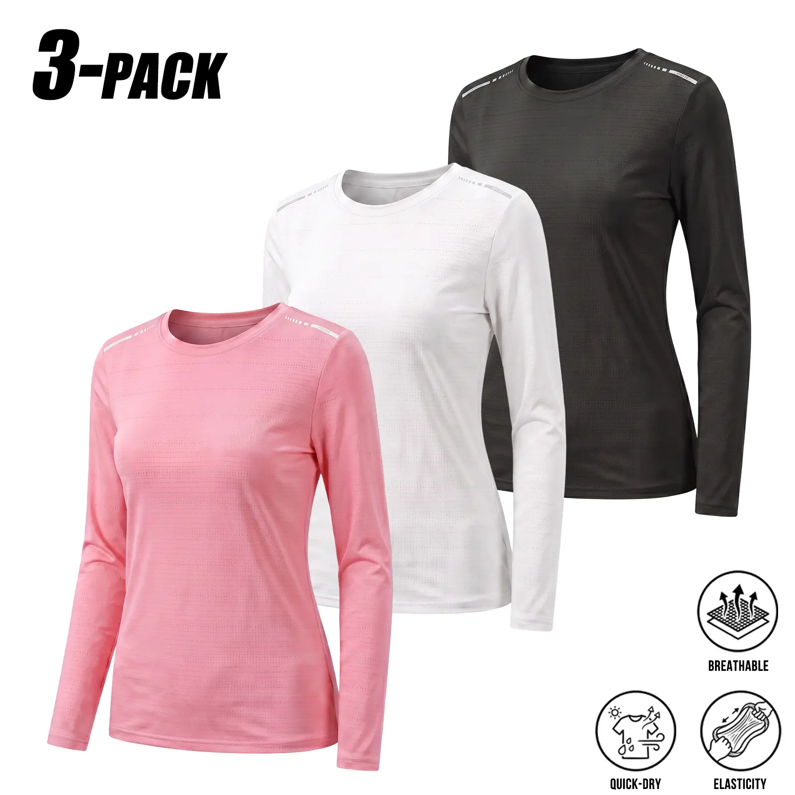 3-PACK Daily Wardrobe Must-Have Long Sleeve Athletic Tops For Women, Smooth Soft Quick Dry Sweat Dissipating Material, Perfect For Regular Gym Practice, Neighborhood Walks And Daily Light Outdoor Activity Outfit Set