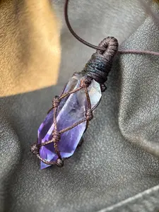 Vintage Natural Amethyst Pyramid Pendant Necklace, Handmade Healing Crystal Charm, Adjustable Woven Rope, Daily Wear, Valentine's Gift, Boxed, Pendant Design, Natural Crystal Jewelry