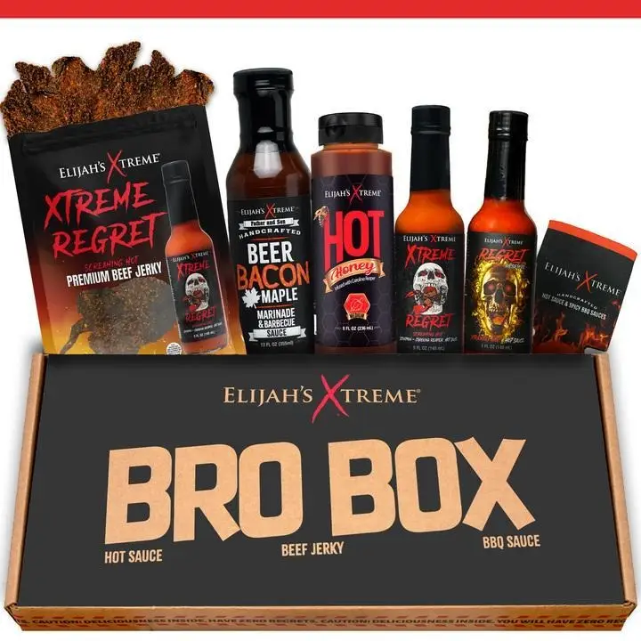 Elijah's Xtreme Bro Box Hot Sauce Gift Set - Ultimate Snack & Hot Sauce Variety Pack with Beef Jerky, BBQ Sauce, and Two Hot Sauces Dip Flavor