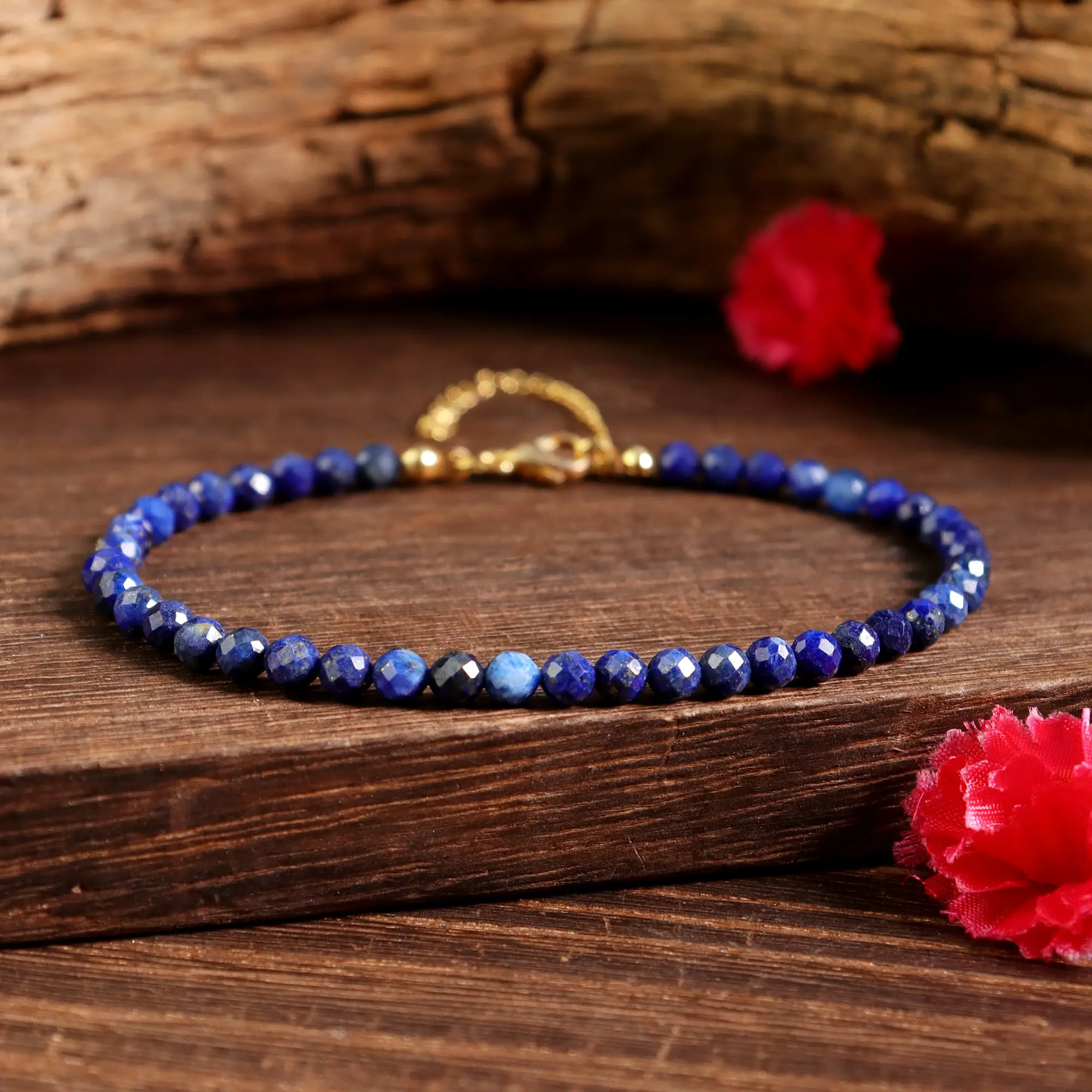 Natural Lapis Lazuli Stone 3mm Tiny Beads Crystal Healing Charka Crystal Dainty Gold-Plated Chain Minimalist Bracelet Gift for Men Women
