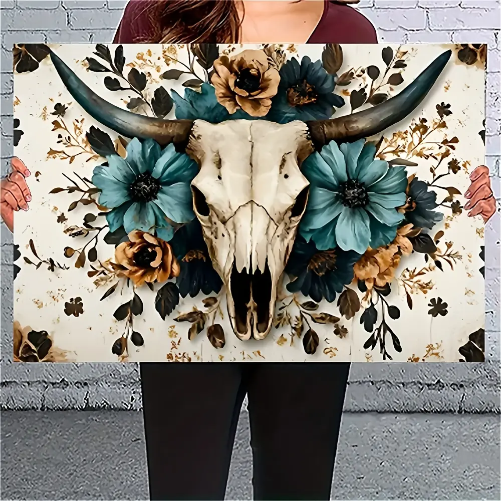 2D Flat Rustic Chic Cow Skull & Floral Canvas Wall Art Print - Wrapped Frame, Ready to Hang, Artistic Animal Decoration for Indoor Living Room, Bedroom Farmhouse Home Decor