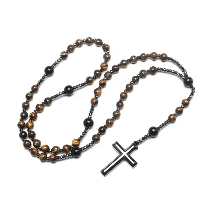 Stone Rosary Necklace UV Glowing (Flashing Flame Under UV) Natural Hematite Rosary Beads Catholic Obsidian Cross Pendant Necklace Healing Crystal Jewelry Gift for Men Women, Beaded Cross Necklaces, Religious Icon Necklaces
