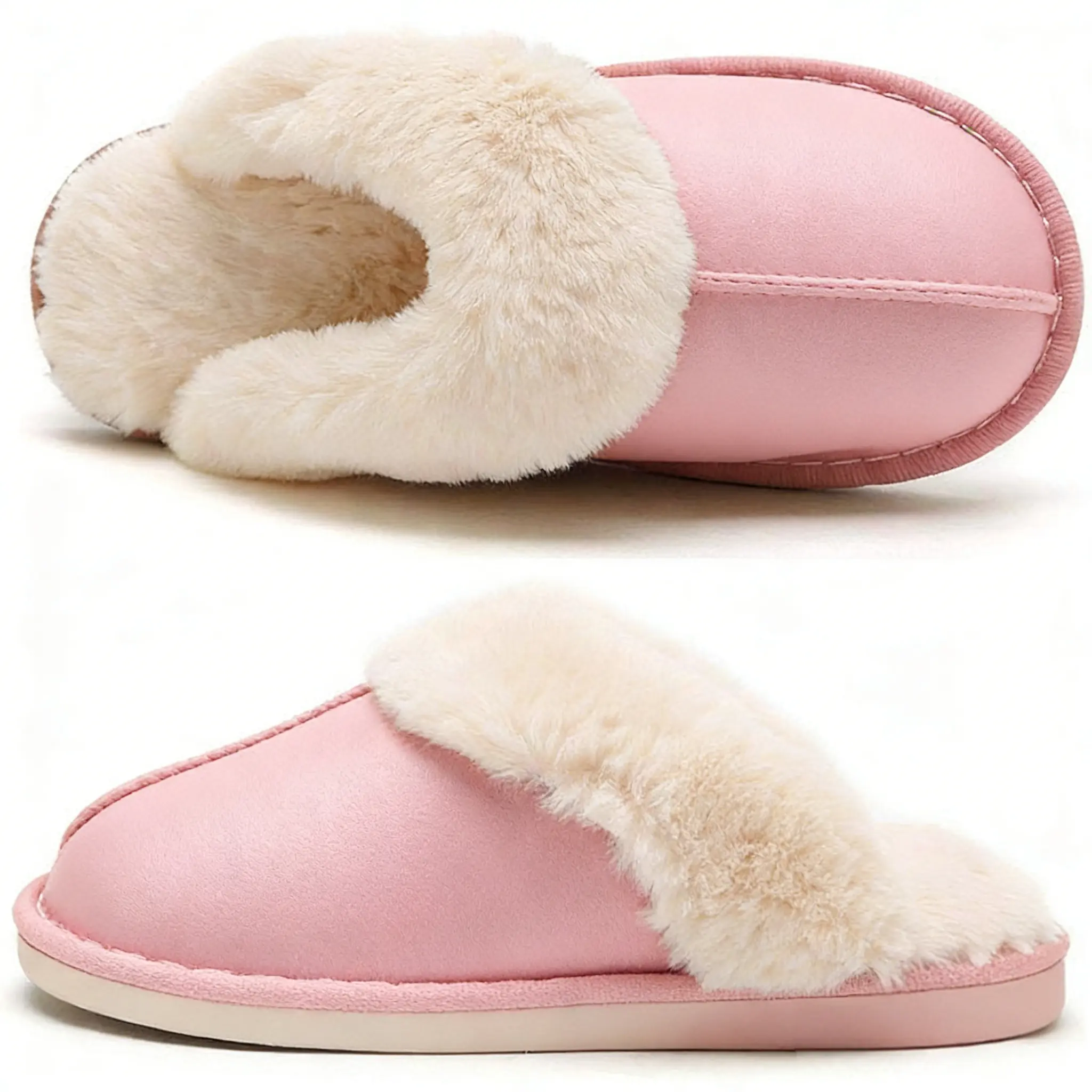 Women's Plush Fabric Slippers - Slip-On Fit, Memory Foam, Fluffy Warm, Anti-Skid, Round Toes, Solid Colors, for Home & Walks Indoor Outdoor Footwear