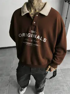 Men's Brown Long Sleeve Fitted Polo Sweatshirt Pullover with Cream Color Fleece Collar and "The Originals" Vintage Print, Retro Workwear Style Top for Daily Casual and Streetwear Fashion