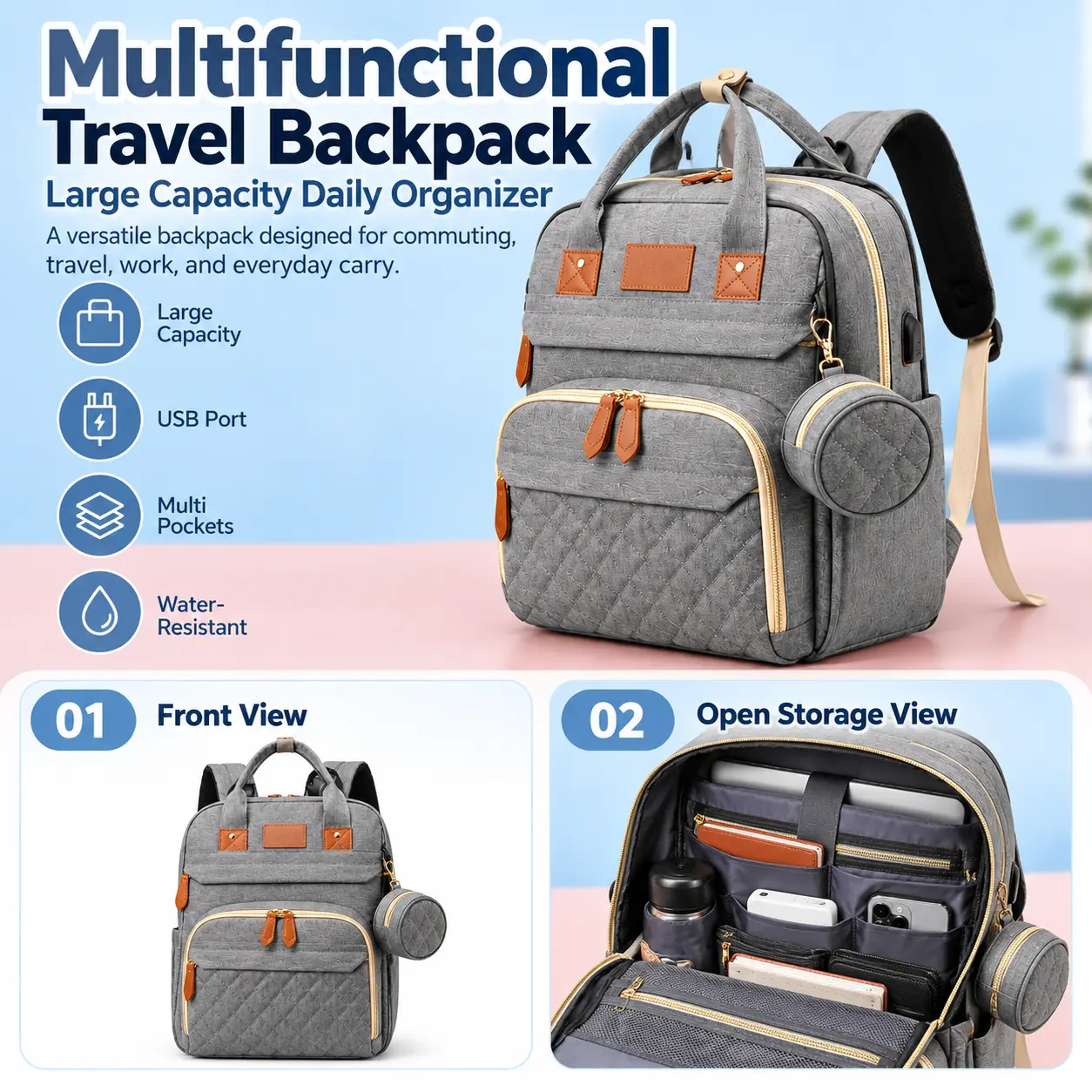 Multifunctional Travel Backpack with USB Charging Port, Large Capacity Organizer Backpack with Multiple Pockets, Detachable Accessory Pouch, Everyday Carry Bag for Work, Commuting & Travel, Men and Women