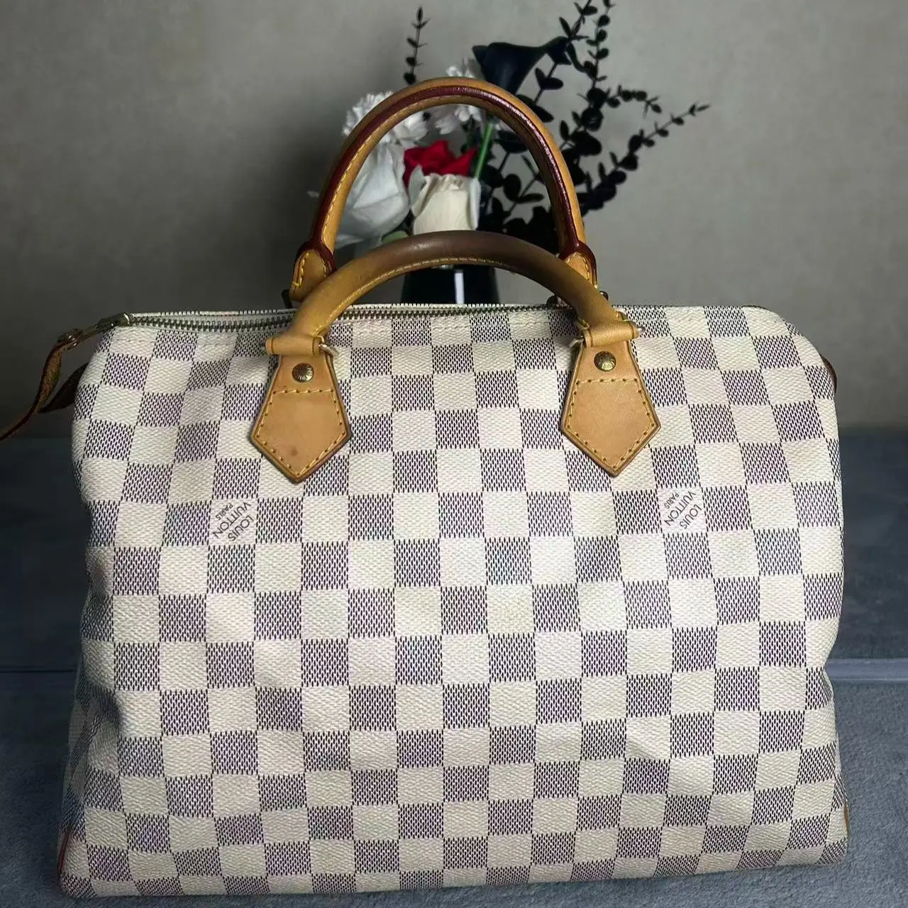 Pre-owned Louis Vuitton LEATHER Crossbody Bags Speedy Damier Azur Canvas Handbag Vachetta Handle Duffle Bag YAO 4251