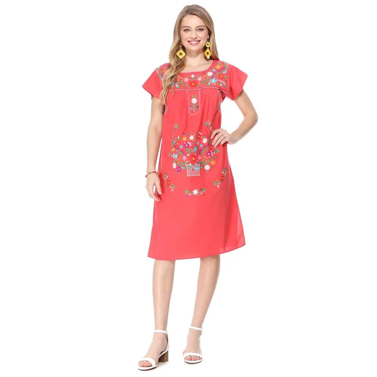 UNIK Women's Casual Coral Cotton Lightweight Floral Embroidered Traditional Puebla Mexican Adult Dress WD2058, Fabric