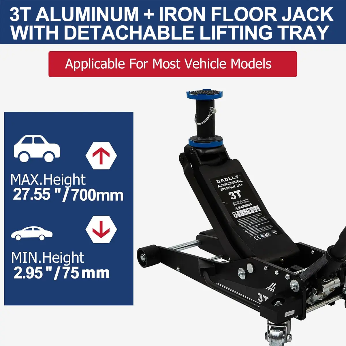 3T Aluminum-lron Floor Jack with Detachable Adjust