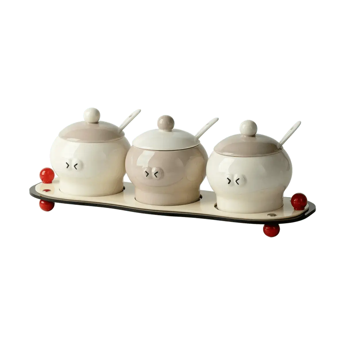 GLAZE STORY Mondrian Series Seasoning Jar Set - 7 Piece Kitchen Condiment Organizer with 3 Jars, 3 Spoons, and 1 Tray - 35.5x11x10.3cm