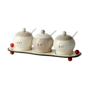 GLAZE STORY Mondrian Series Seasoning Jar Set - 7 Piece Kitchen Condiment Organizer with 3 Jars, 3 Spoons, and 1 Tray - 35.5x11x10.3cm