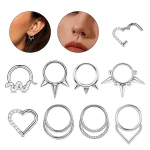 10 Pcs Gothic Clicker Septum Nose Ring Set, 316L Stainless Steel Snake Spike Heart Septum Rings, Punk Cartilage Earrings for Men Women