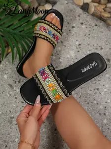 Langmoon Ethnic Embroidered Beaded Sandals, Multicolor Embroidery Design, Soft Elastic Flat Sole, Anti-Slip Wear-Resistant, Bohemian Style