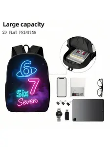 1pc Large Neon Glow Backpack with Number 6 & 7 Print, Glowing Galaxy School Bookbag Suitable for Valentine's Gifts, Back-to-School Supplies, Adjustable Straps & Zipper Closure for,, for Teenager