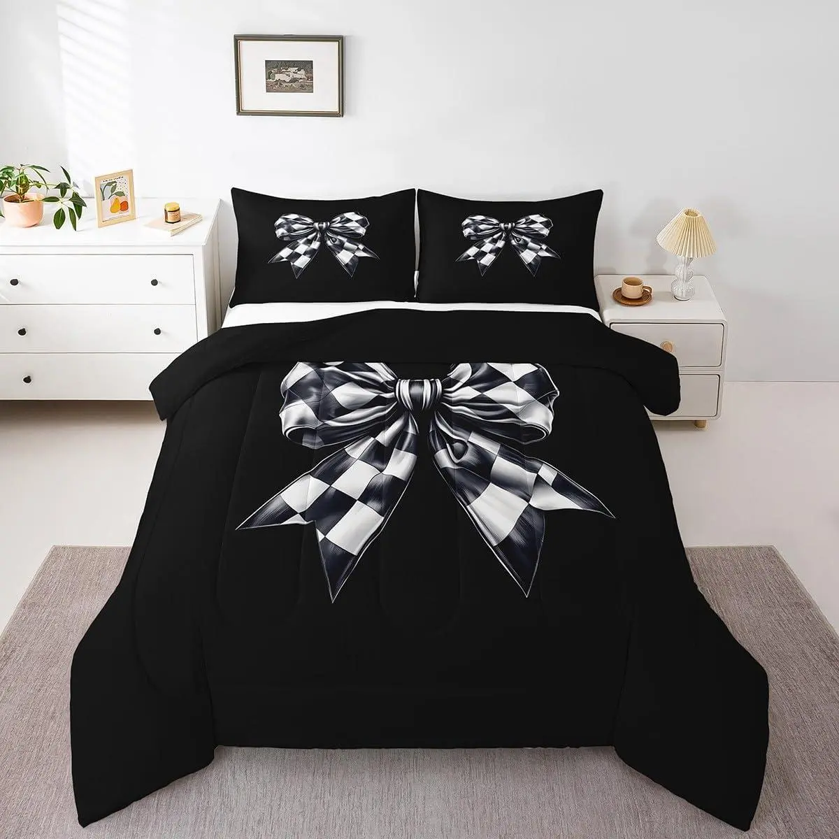 Bowknot Comforter Set,Black White Plaid Bow Bedding Set,Watercolor Bowknot Bedding Comforter Set,for Kids Teen Adults,Modern Simple Bow Duvet Insert,Black