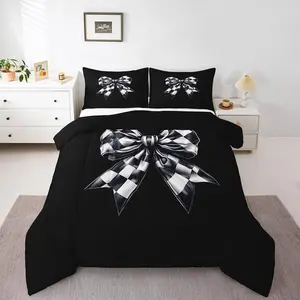 Bowknot Comforter Set,Black White Plaid Bow Bedding Set,Watercolor Bowknot Bedding Comforter Set,for Kids Teen Adults,Modern Simple Bow Duvet Insert,Black