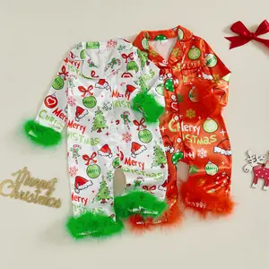 Newborn Christmas Sleepers Baby Girl Merry Christmas Element Satin Pajamas With Feathers Infant Pajamas Romper Jumpsuit Girl Pjs